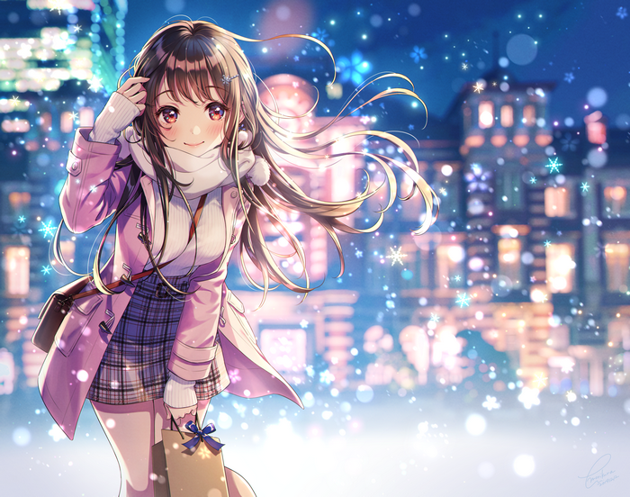 Anime girl in winter coat holding gift bag in snowy city