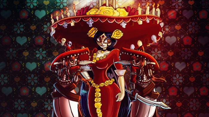 Artwork of women in red dresses and sombreros with Dia de los Muertos theme