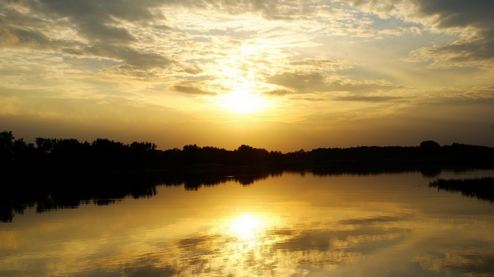 Sunset over a calm lake with silhouetted trees
