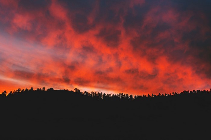 Fiery sunset clouds over a silhouetted forest