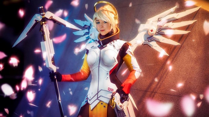 Mercy from Overwatch Cosplay with Staff and Wings