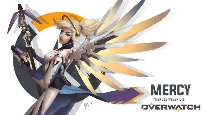 Mercy from Overwatch with wings and staff