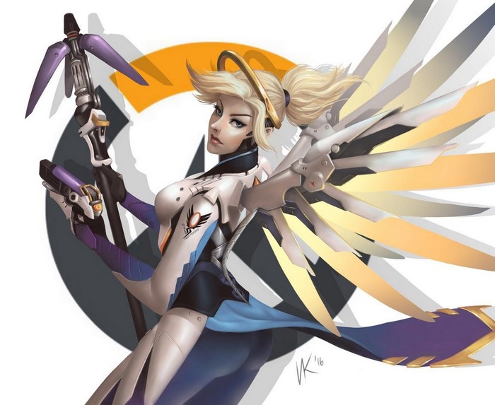 Mercy from Overwatch with wings and staff