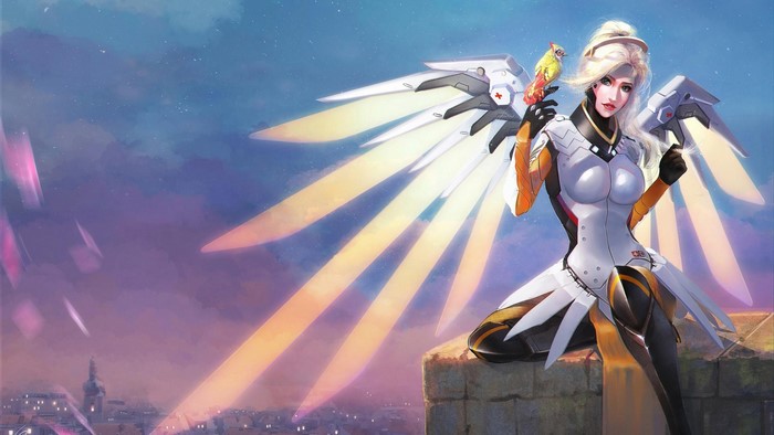 Mercy from Overwatch with a bird