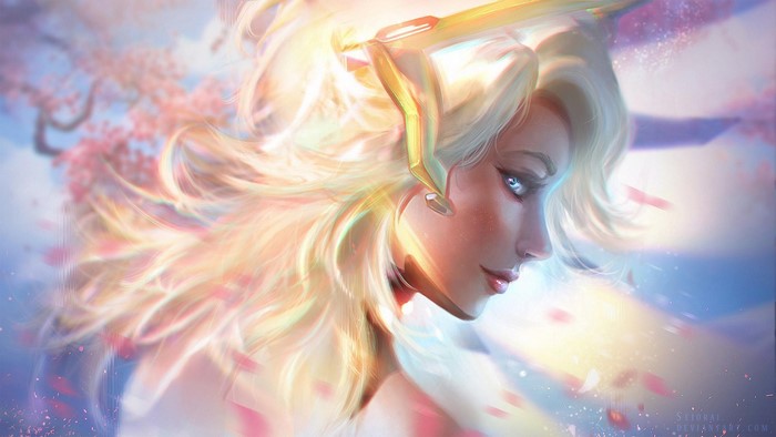 Mercy from Overwatch with cherry blossoms