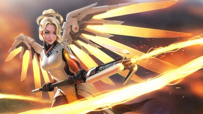 Mercy from Overwatch with glowing wings and staff