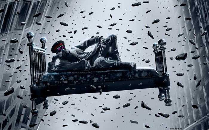 Man in gas mask on a floating bed with debris