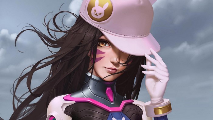 D.Va from Overwatch wearing a pink hat