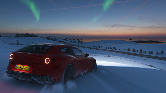 Ferrari in Forza Horizon 4 during Aurora Borealis