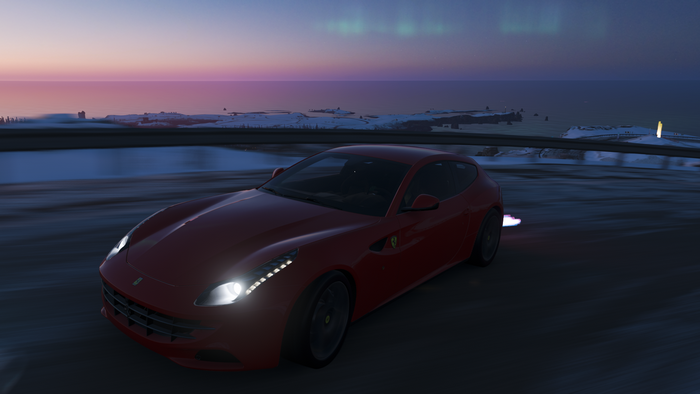 Ferrari driving in Forza Horizon 4 during aurora borealis