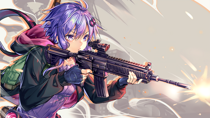 Anime girl with purple hair holding a rifle