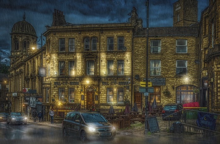 Bull Bridge Pub in England during a rainstorm