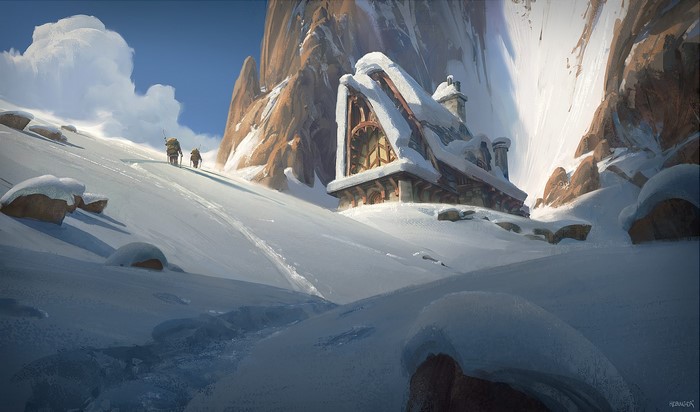 Two hikers ascend a snowy mountain towards a snow-covered cabin.
