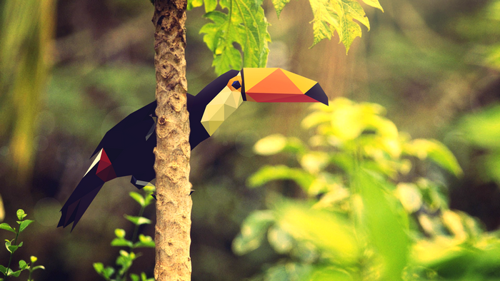 Low poly toucan on a tree trunk