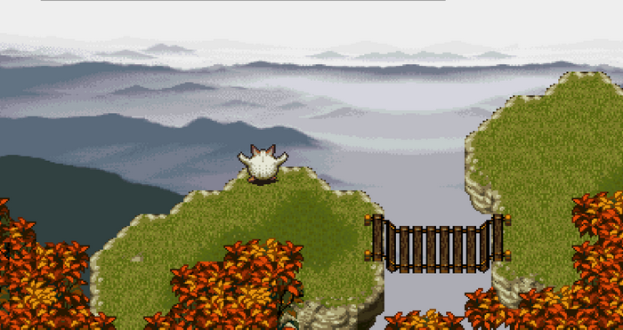 Chrono Trigger: Character on a mountain bridge