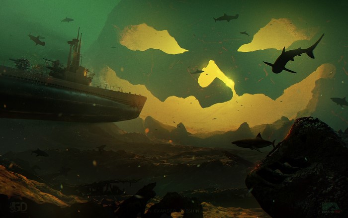 Submarine and sharks in a surreal underwater landscape