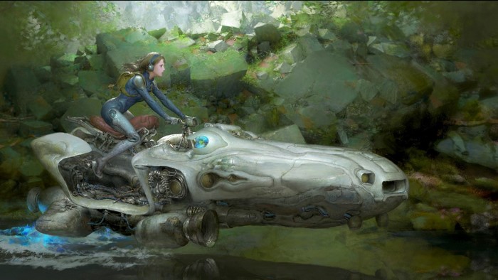 Woman riding a futuristic vehicle through a forest
