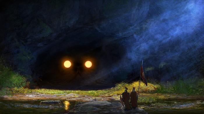 Giant creature with glowing eyes in a dark cave with knights