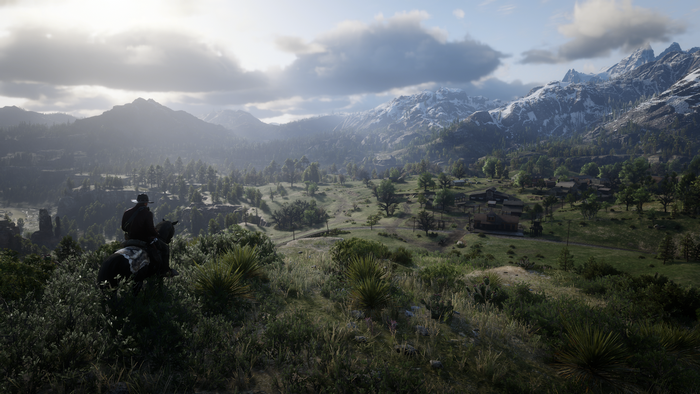 Man on horse overlooking a valley in Red Dead Redemption 2