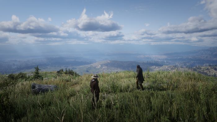 Two men on a grassy hilltop overlooking a valley in Red Dead Redemption 2