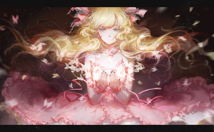 Anime girl with blonde hair in a pink dress