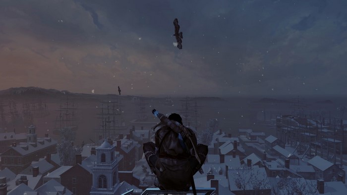 Assassin's Creed character sitting on a rooftop in winter