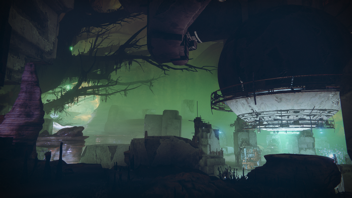 Destiny 2 environment with alien flora and structures