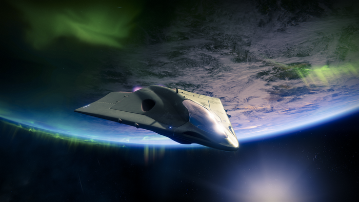 Destiny 2 spaceship over Earth with aurora