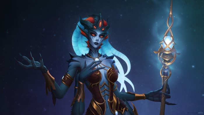 Azshara from Warcraft holding a glowing staff