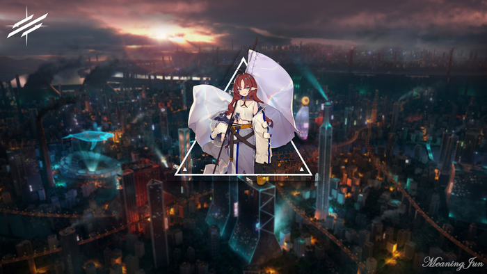 Myrtle R108 from Arknights in a futuristic city