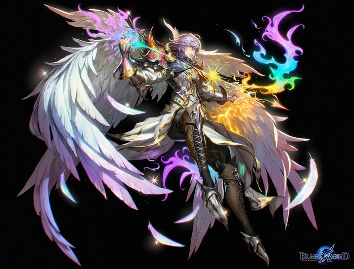 Angel warrior with colorful magical energy and wings