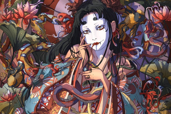 Artwork by Anandah Janaé: Fantasy Asian Woman with Snakes and Lotuses