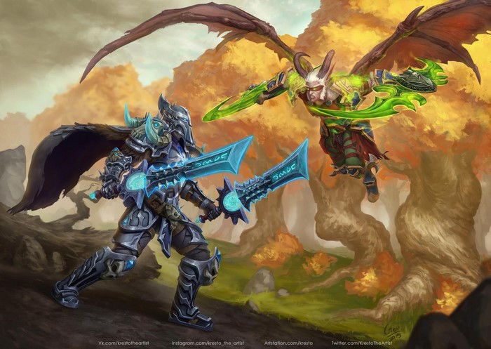 Demon Hunter and Death Knight fighting with glowing blades in Warcraft