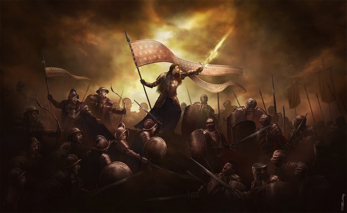 Jeanne d'Arc leading an army in a fantasy battle