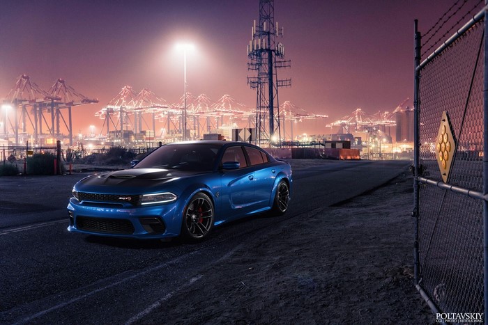 Blue Dodge Charger SRT Hellcat at a Harbor at Night
