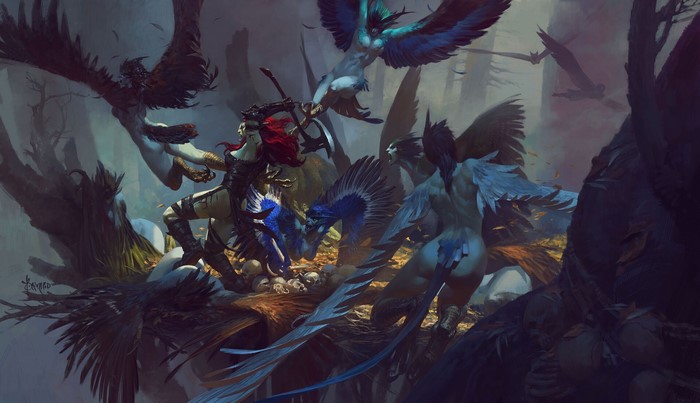 Fantasy battle between a warrior and bird-like creatures