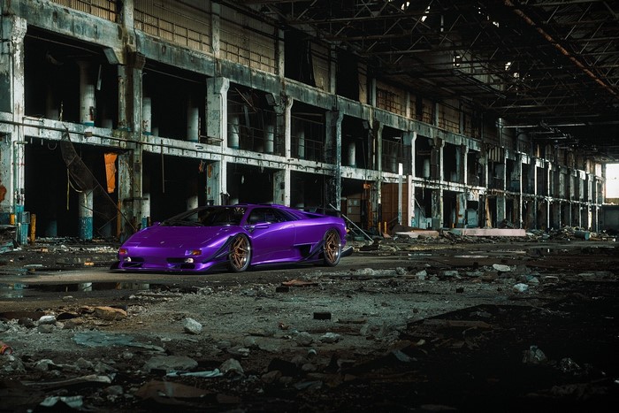 Purple Lamborghini in abandoned factory