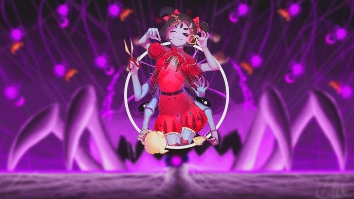 Muffet from Undertale with scissors and tea set