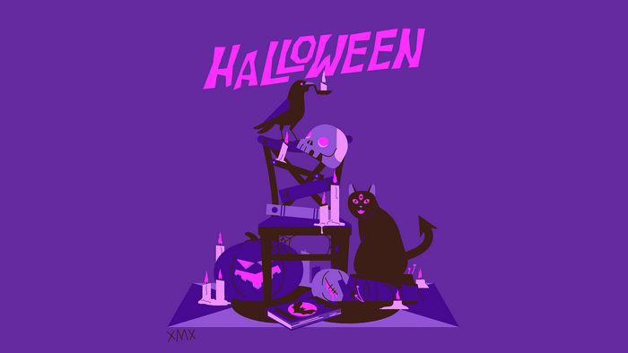 Halloween illustration with crow, skull, cat, and pumpkin
