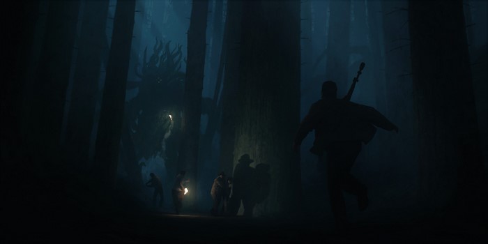 Creature in a dark forest with people
