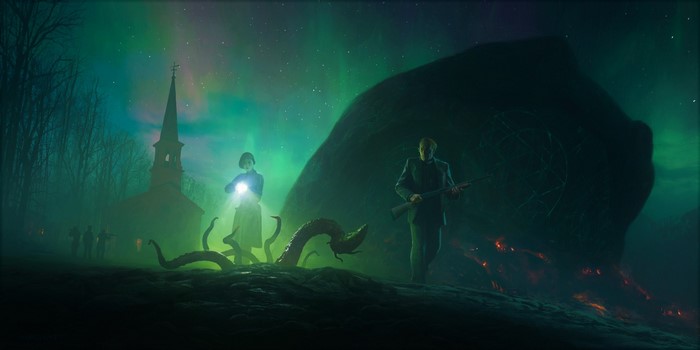 Horror scene with church, creature, and aurora