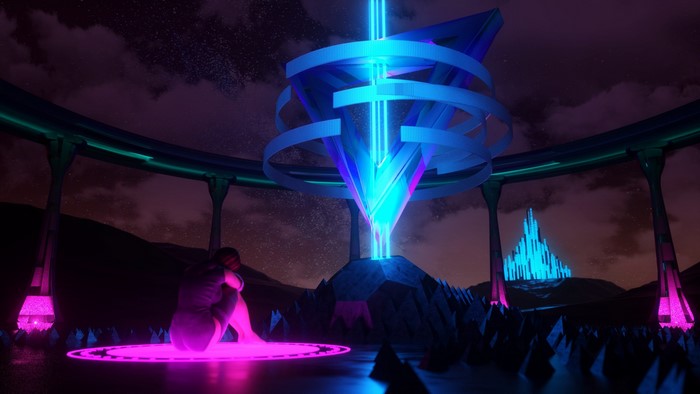 Man sitting in a glowing circle with a blue beam artifact