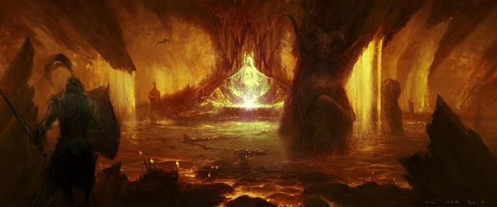 Diablo 4 concept art of a knight in a fiery cave