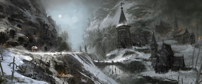 Diablo IV concept art of a snowy village