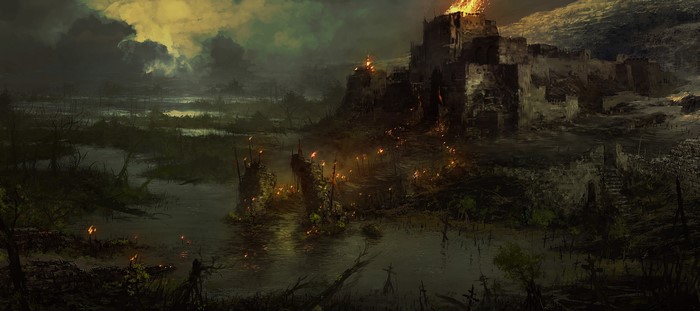 Diablo IV concept art of a burning castle in a swamp