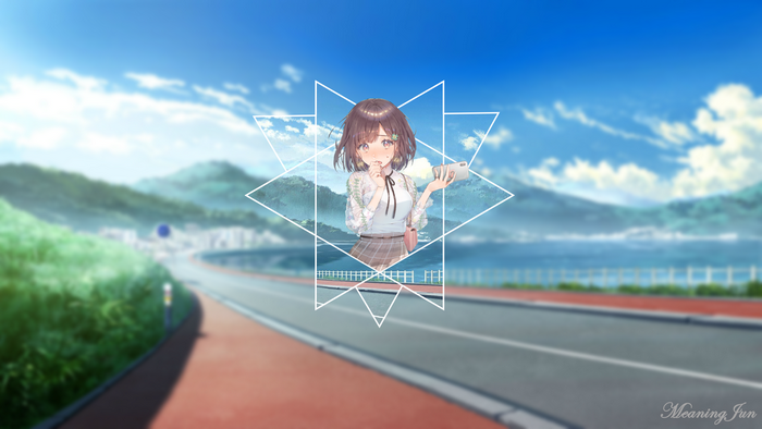 Anime girl with phone on road with mountains and sea