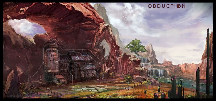 Obduction concept art of a rocky landscape with a building