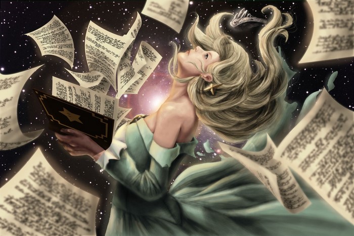 Princess Rosalina from Mario Bros. with floating pages