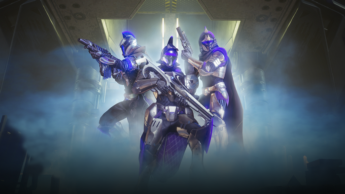 Three Guardians from Destiny 2 with weapons