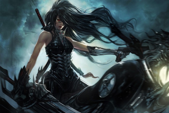 Fantasy girl with dark hair and red eyes on a motorcycle with a gun
